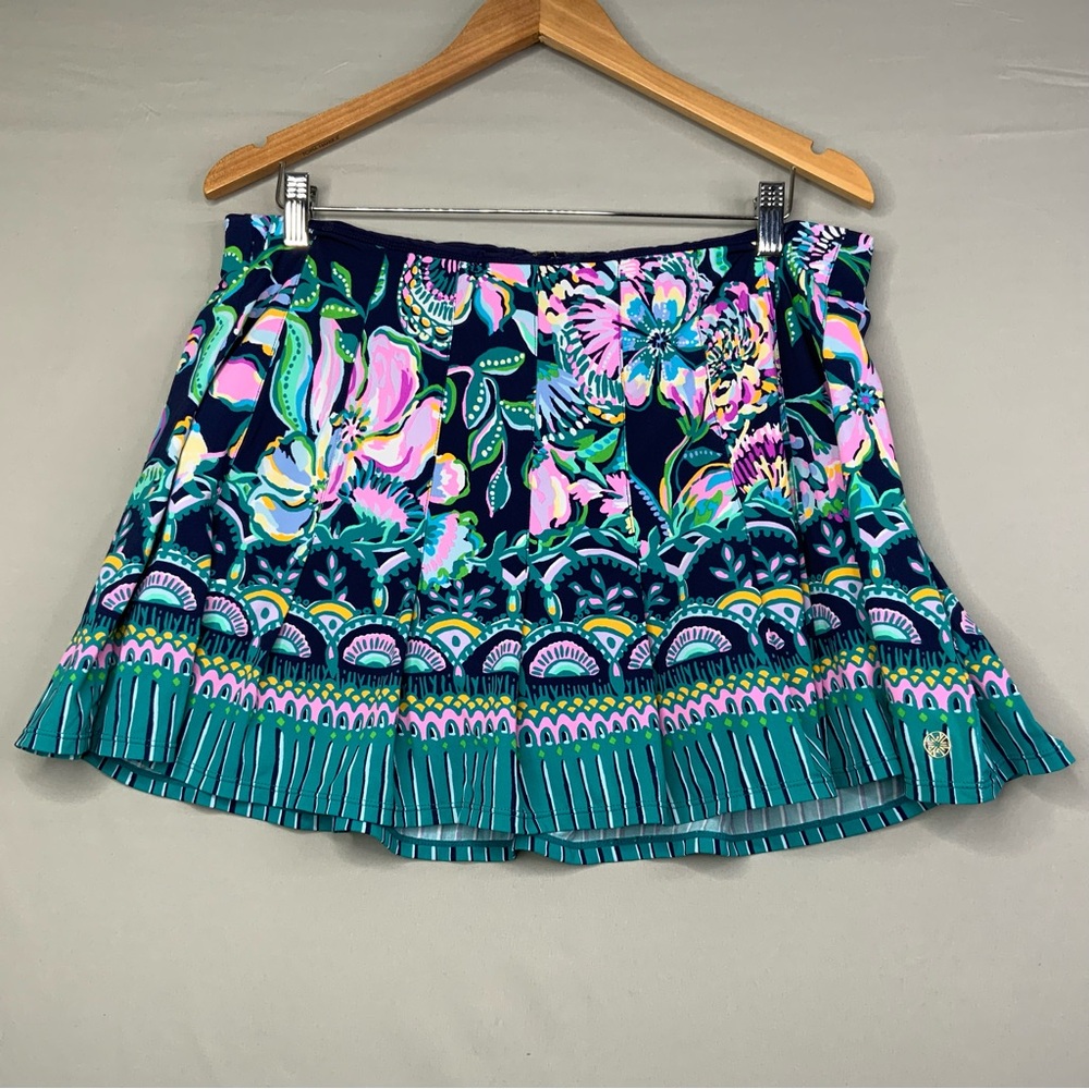 Lilly Pulitzer Navy Floral Skater Skirt with Teal Border and Pink Accents